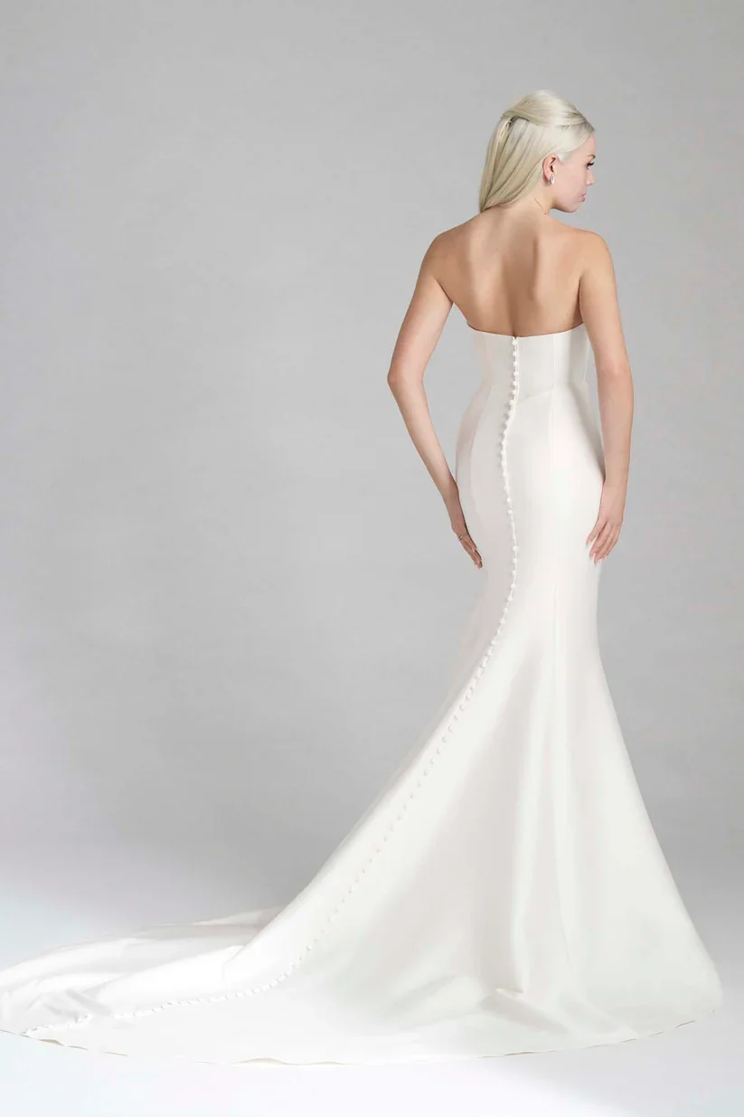 Madison James Erin modern lustrous Mikado sheath wedding gown with clean lines and subtle texture.