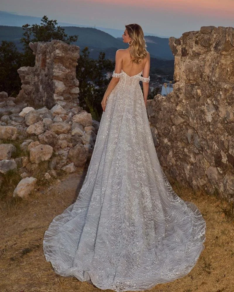 Strapless Sparkly Wedding Dress with Plunging Neckline and Aline Silhouette