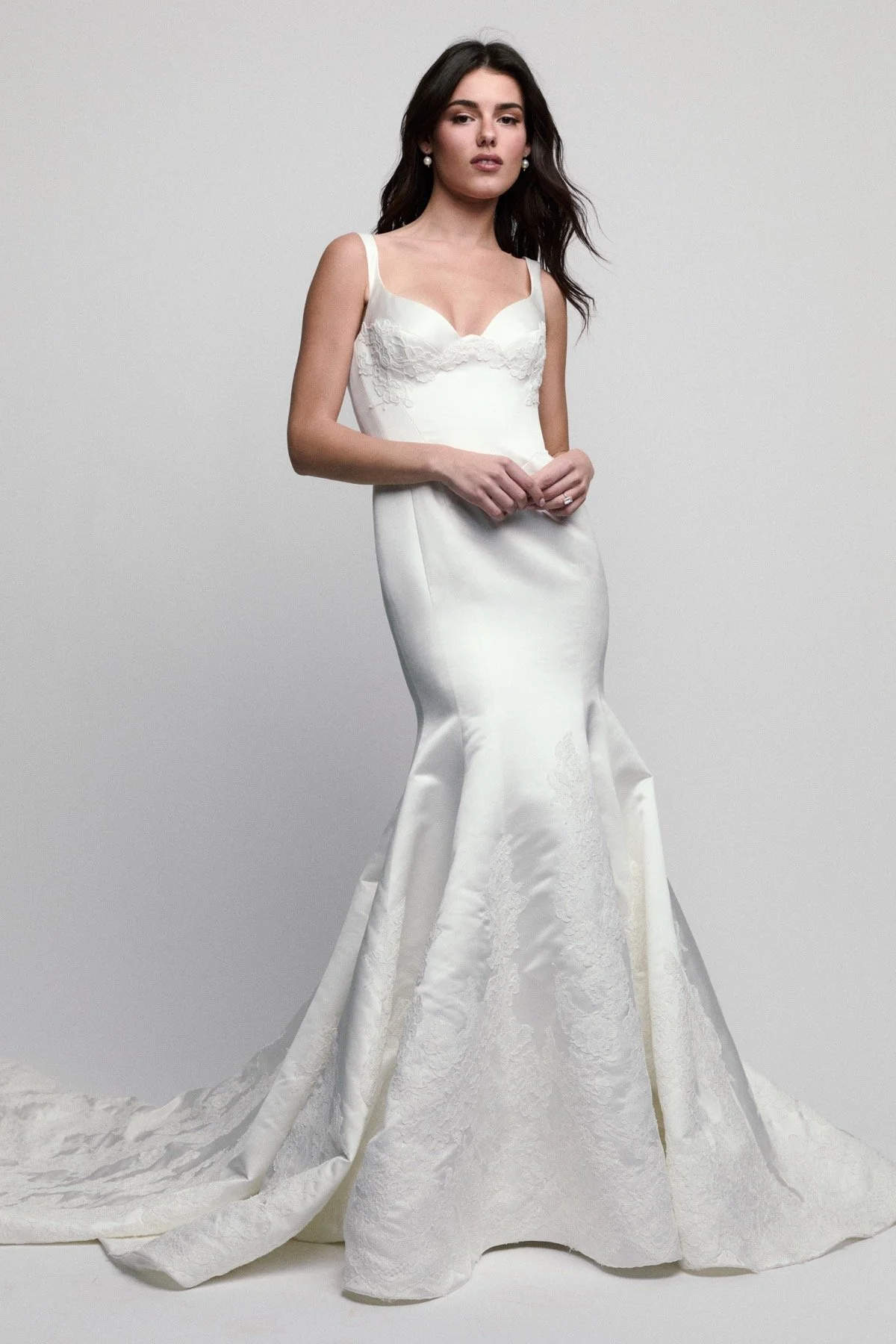 Martine traces the body in Jewel Satin, using a scoop sweetheart neckline and princess seams