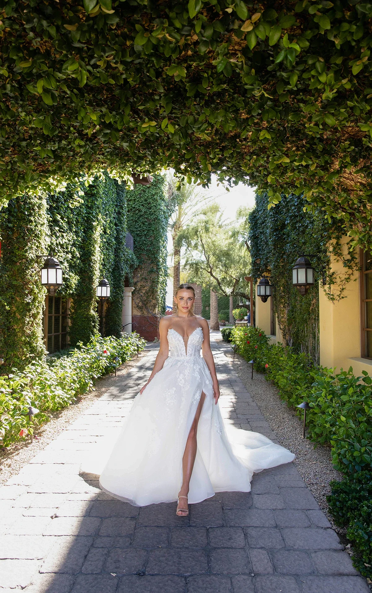 Romantic Floral Lace Aline Wedding Dress with Plunging Neckline