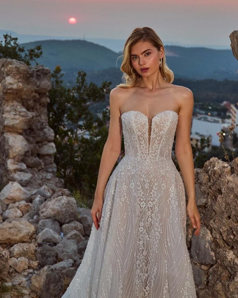 Strapless Sparkly Wedding Dress with Plunging Neckline and Aline Silhouette