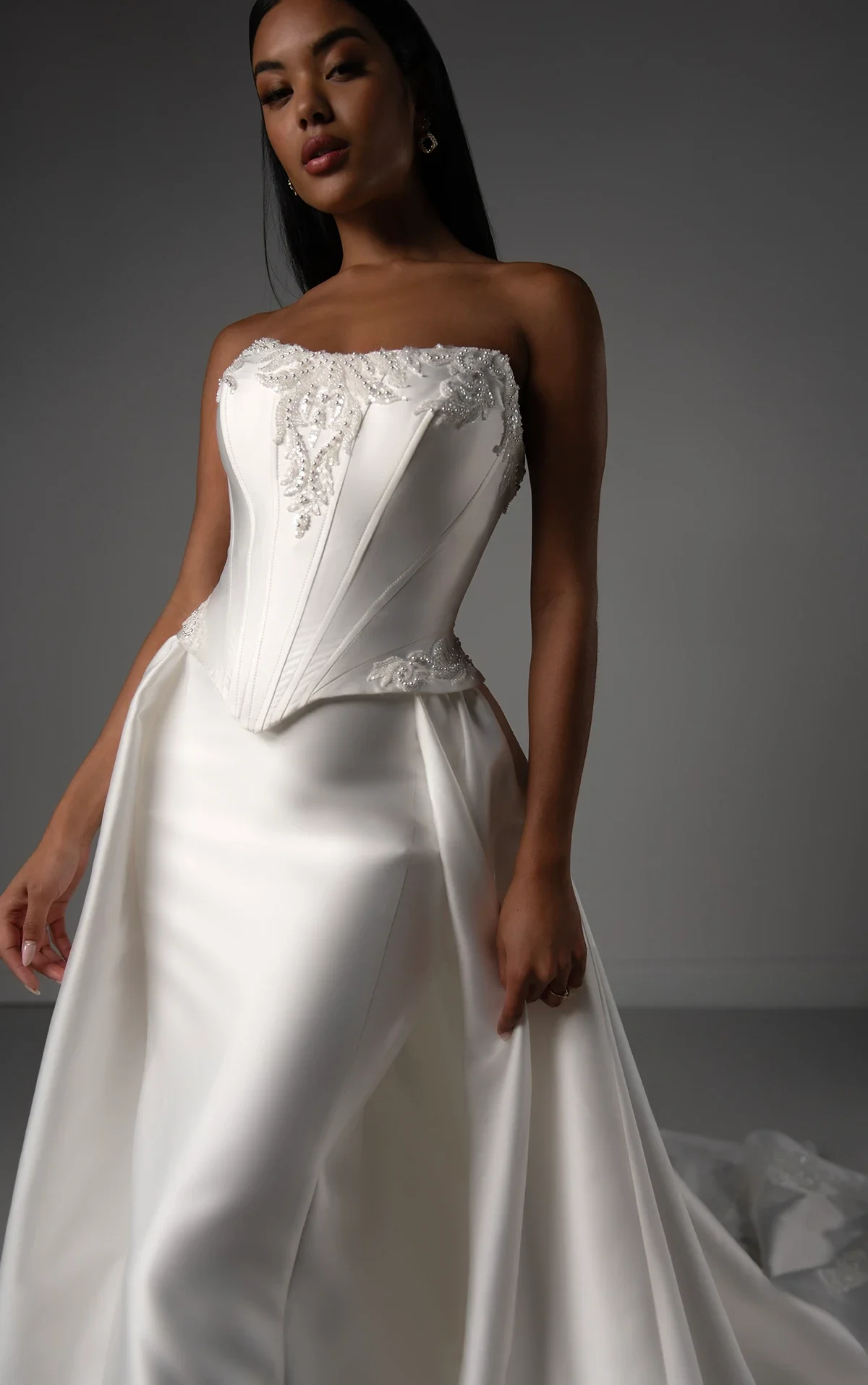 Vintage-Inspired Strapless Silk Column Wedding Dress with Detachable Overskirt