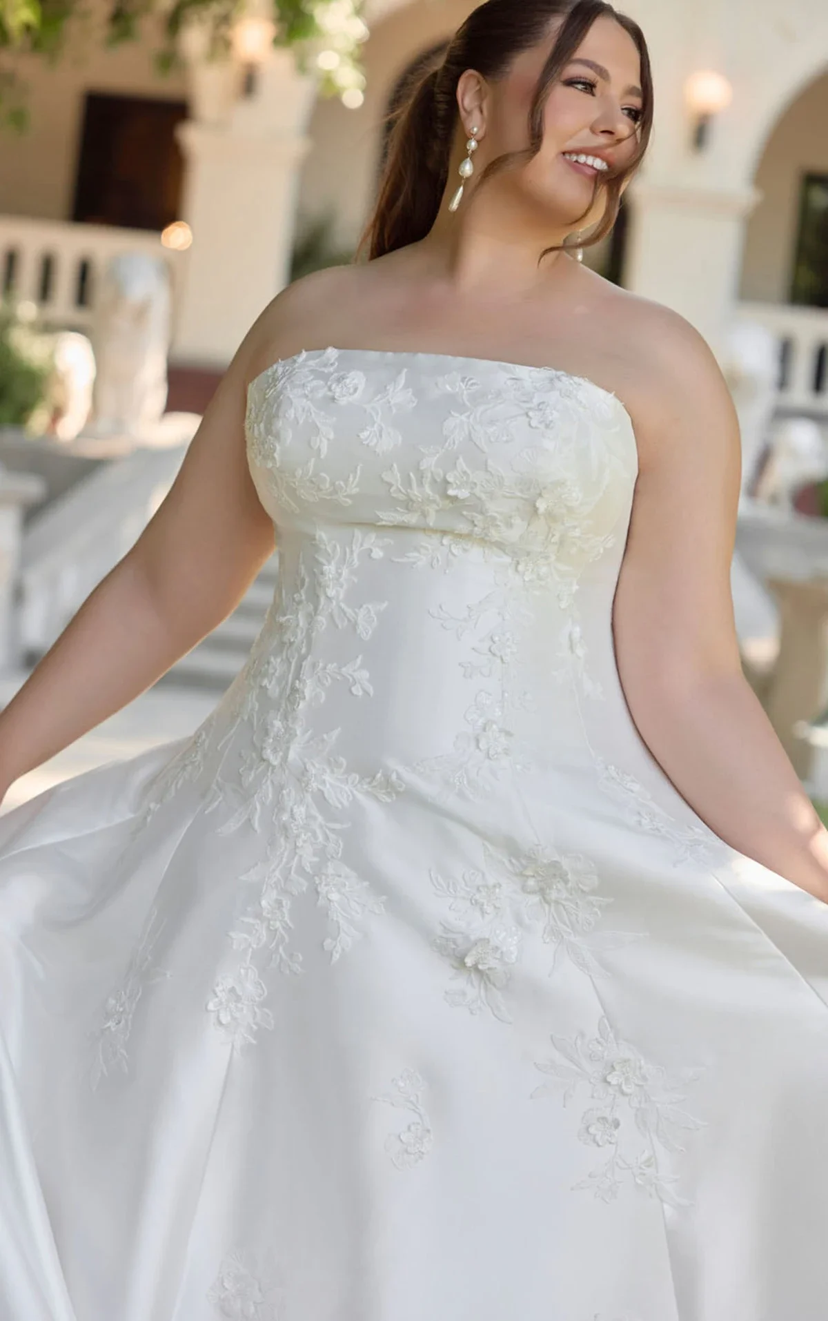 Strapless Shell Mikado Aline Gown with Lace and Hip Volume