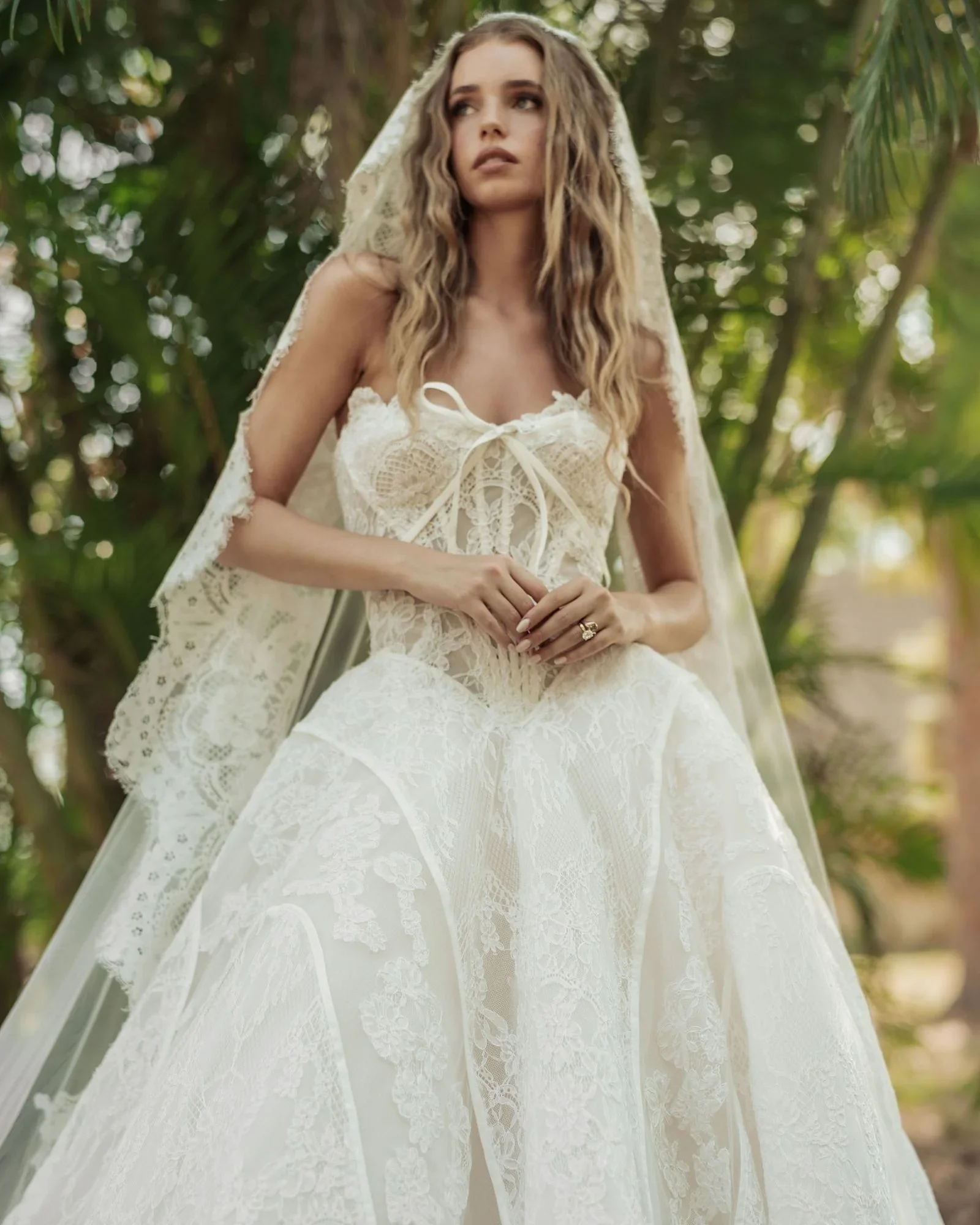 Alencon lace basque waist ballgown with corset bodice and scalloped strapless neckline, modern bias trim detail,