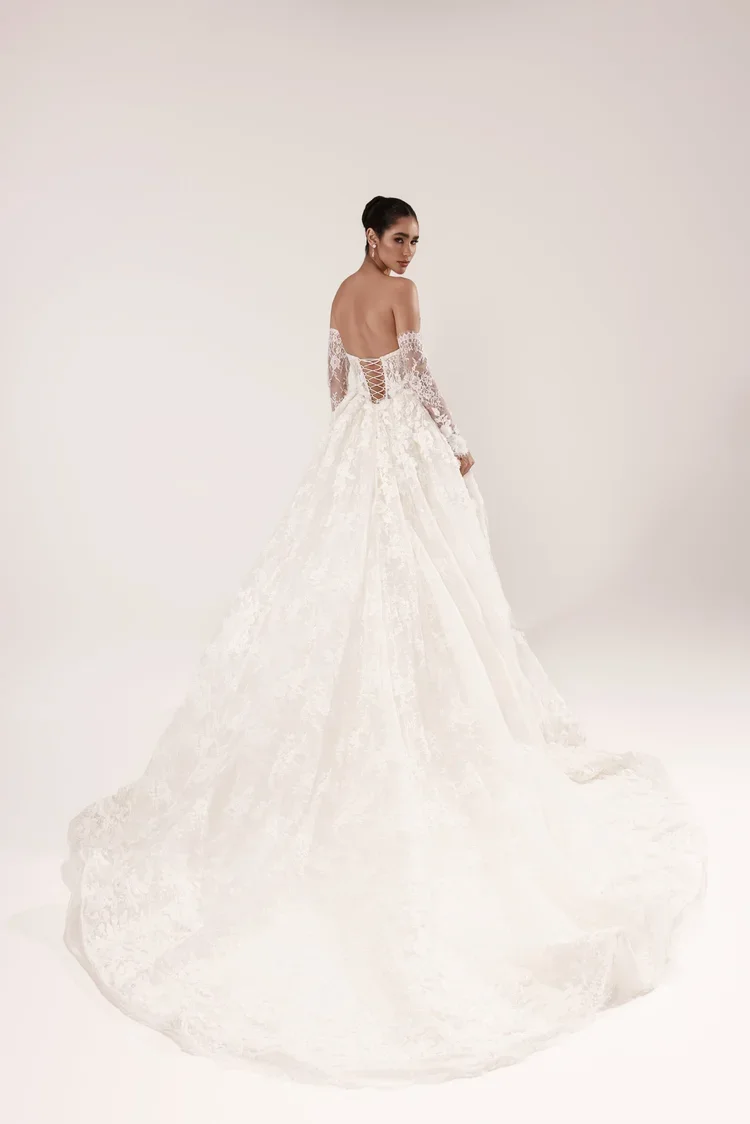 Dany Tabet Amira Lace Mermaid Wedding Dress With Detachable Sleeves, Overskirt and Veil