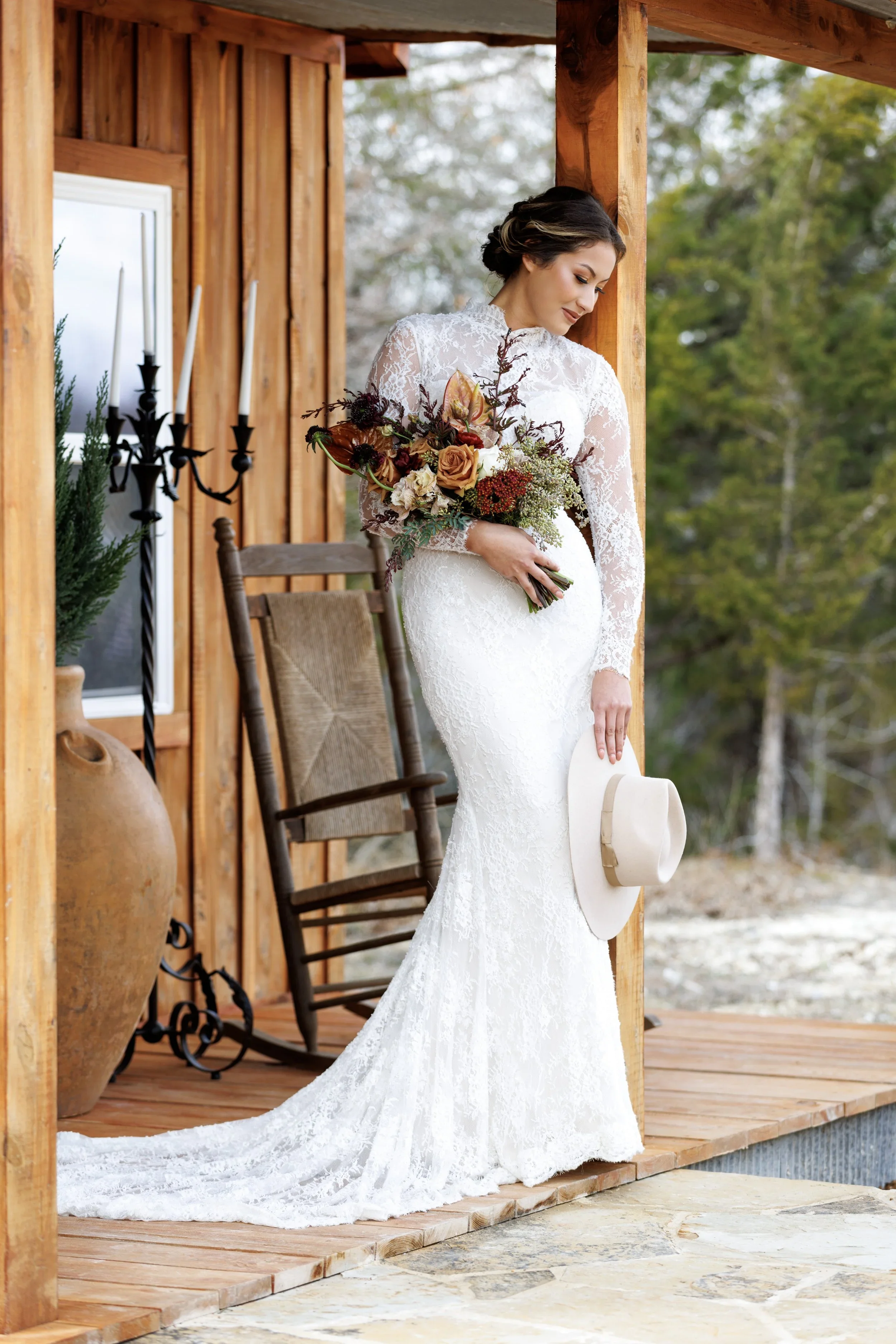 Elizabeth Lee Molly fully beaded sheer lace wedding dress with long sleeves, sweetheart lining, and high mandarin collar neckline.