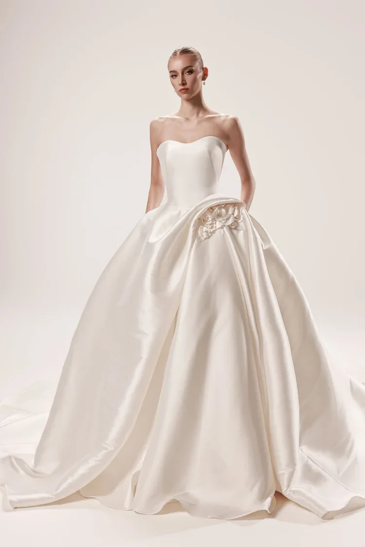 Dany Tabet Miriam Strapless Duchesse Satin Ballgown Wedding Dress with Sculpted 3D Flowers