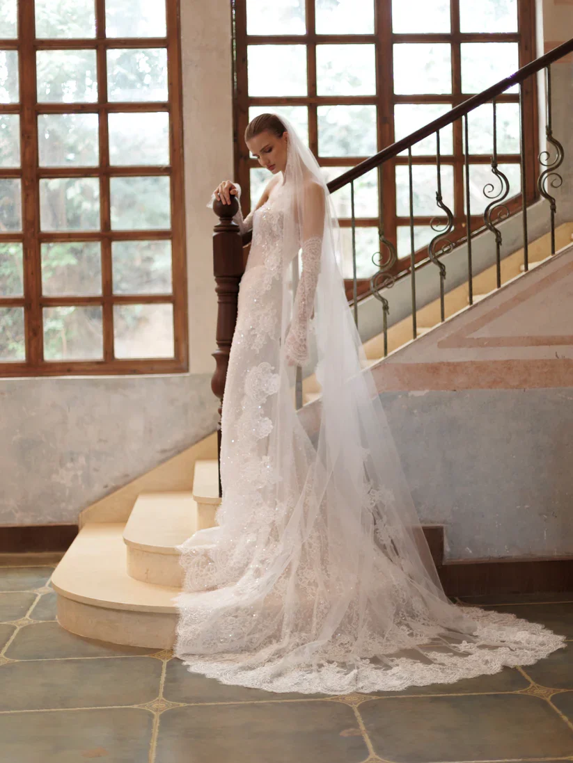 Soft lace fit & flare gown with detachable sleeves and matching veil