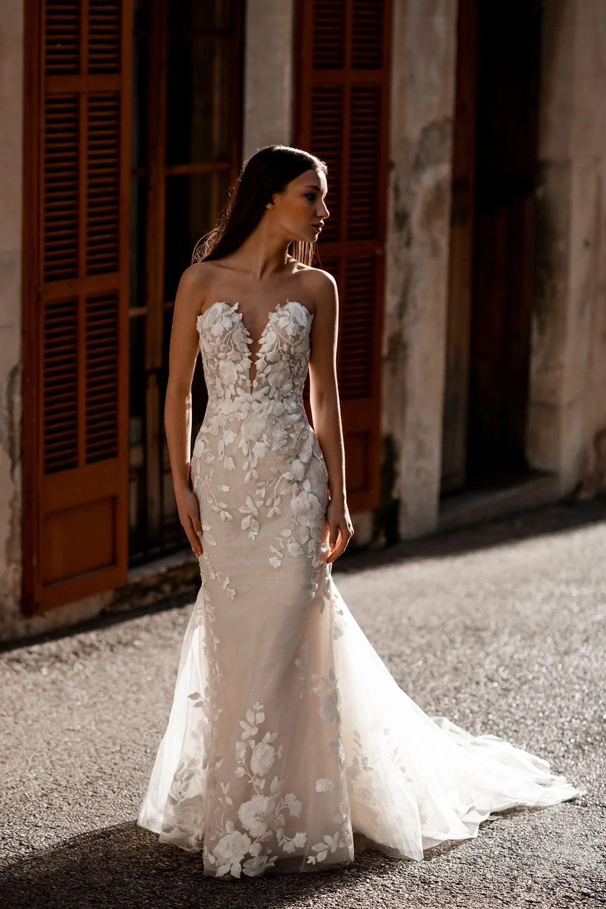 Floral Lace Mermaid Wedding Gown With Plunging Sweetheart Neckline
