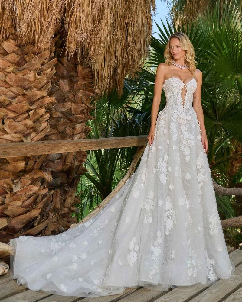 Lace Basque Waist Wedding Dress with Flowers and Plunging Neckline