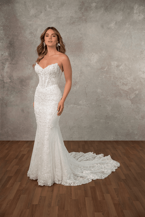 Strapless Beaded Lace Fit and Flare Wedding Dress with 3D Appliques