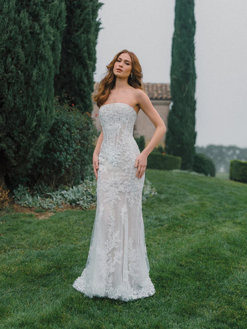 Allure Bridals A1495 strapless straight-across sheath wedding dress with boned bodice and beaded lace appliqués, available at Bride To Be Couture in Sacramento.