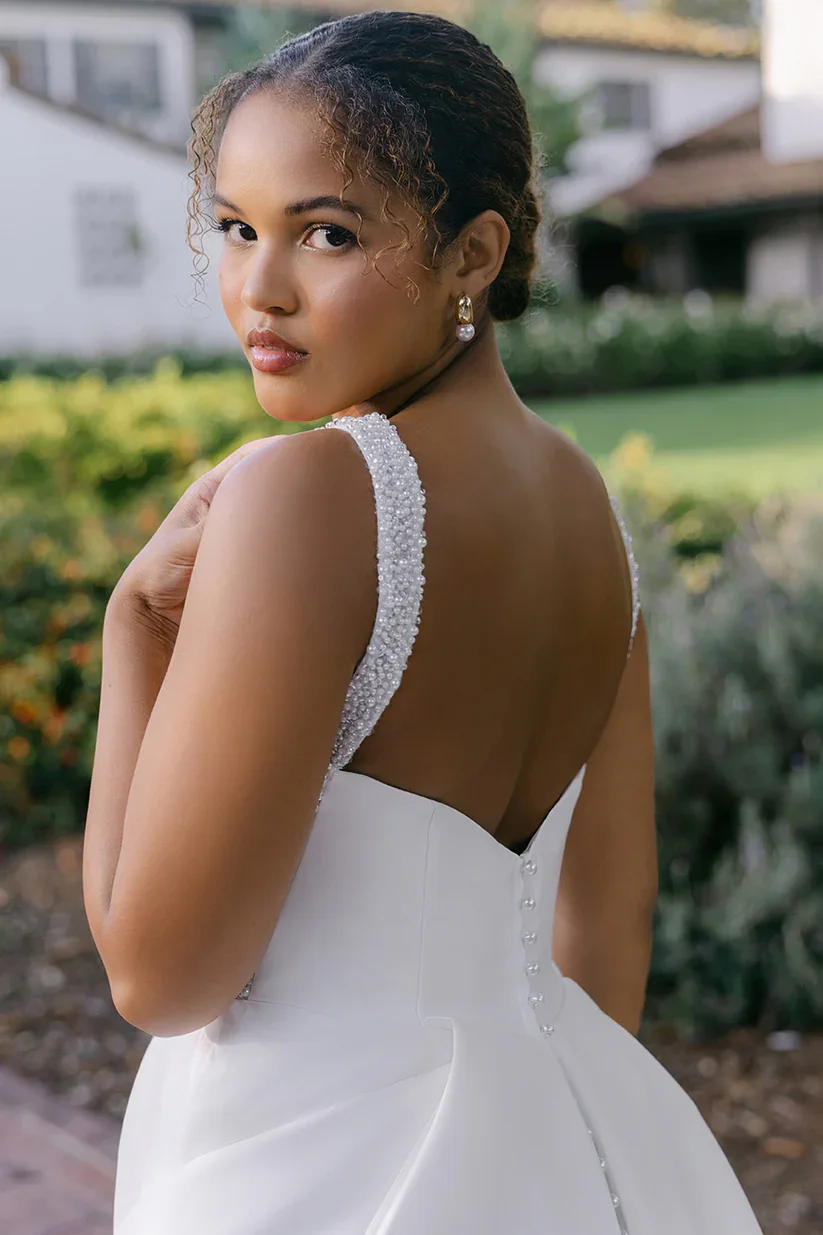 Madison James Gala understated Mikado ballgown wedding dress with crystal and pearl-encrusted straps.