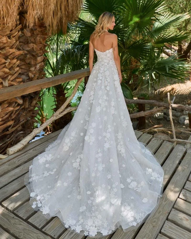 Lace Basque Waist Wedding Dress with Flowers and Plunging Neckline