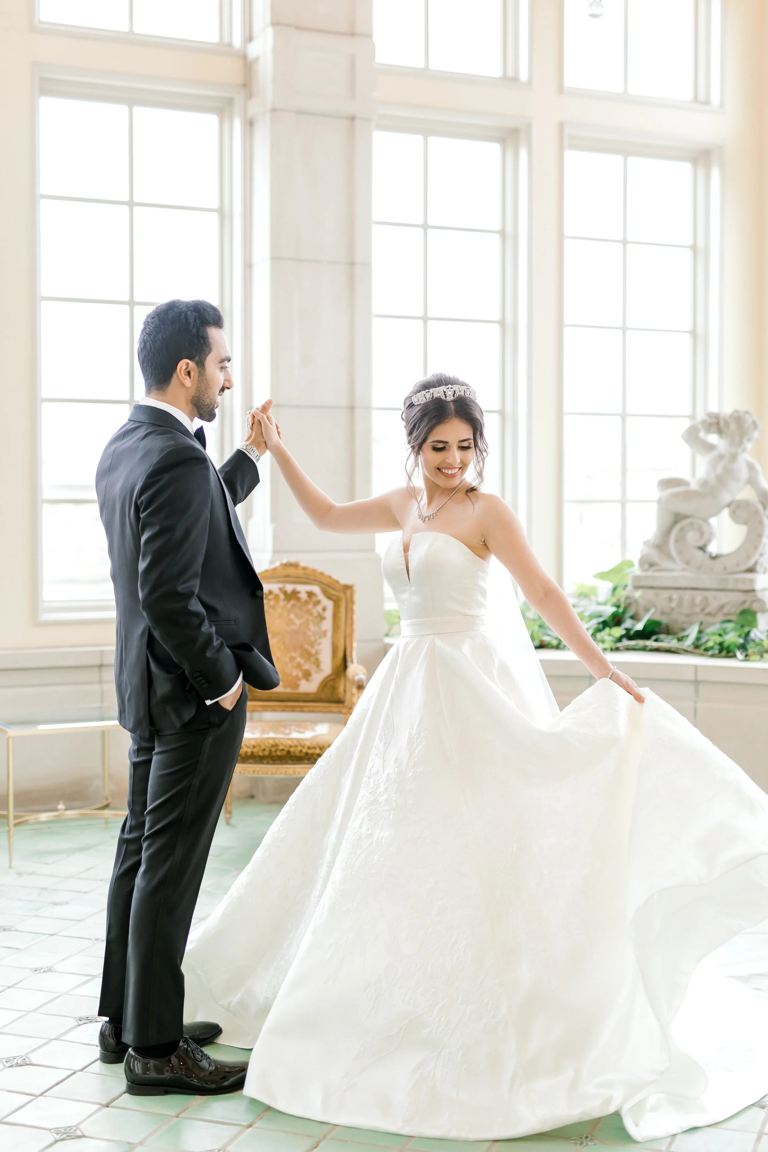 Elizabeth Lee Francesca luxurious Italian lace ballgown wedding dress with modern plunge neckline.
