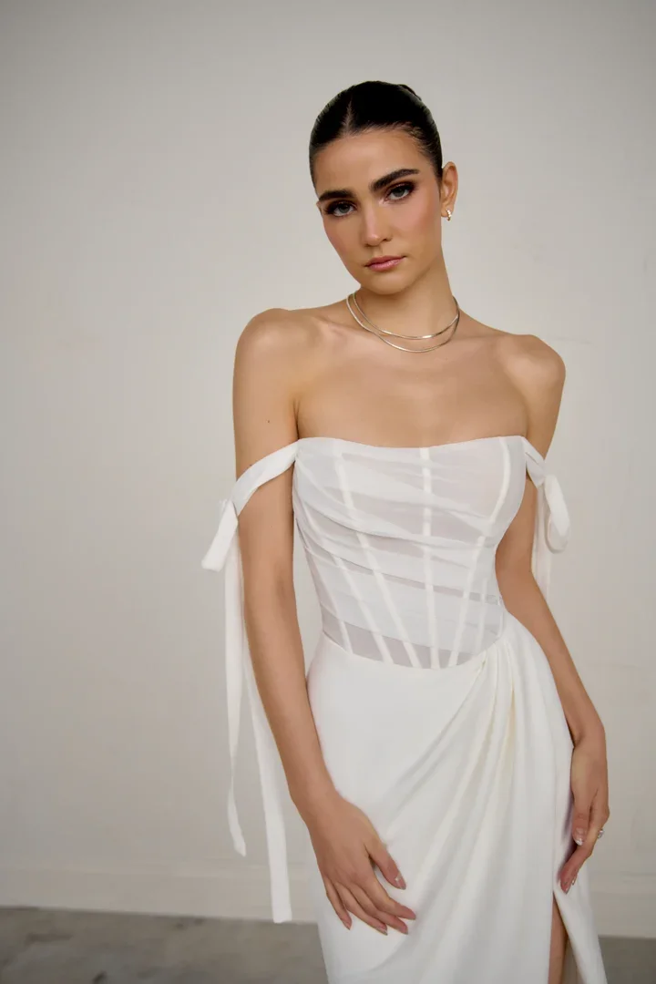 Crepe Fit and Flare Gown with Off the Shoulder Straps and Sheer Bodice