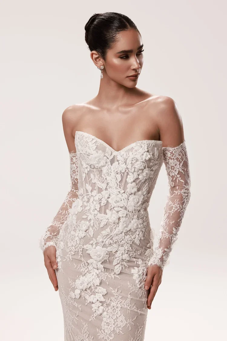 Dany Tabet Amira Lace Mermaid Wedding Dress With Detachable Sleeves, Overskirt and Veil