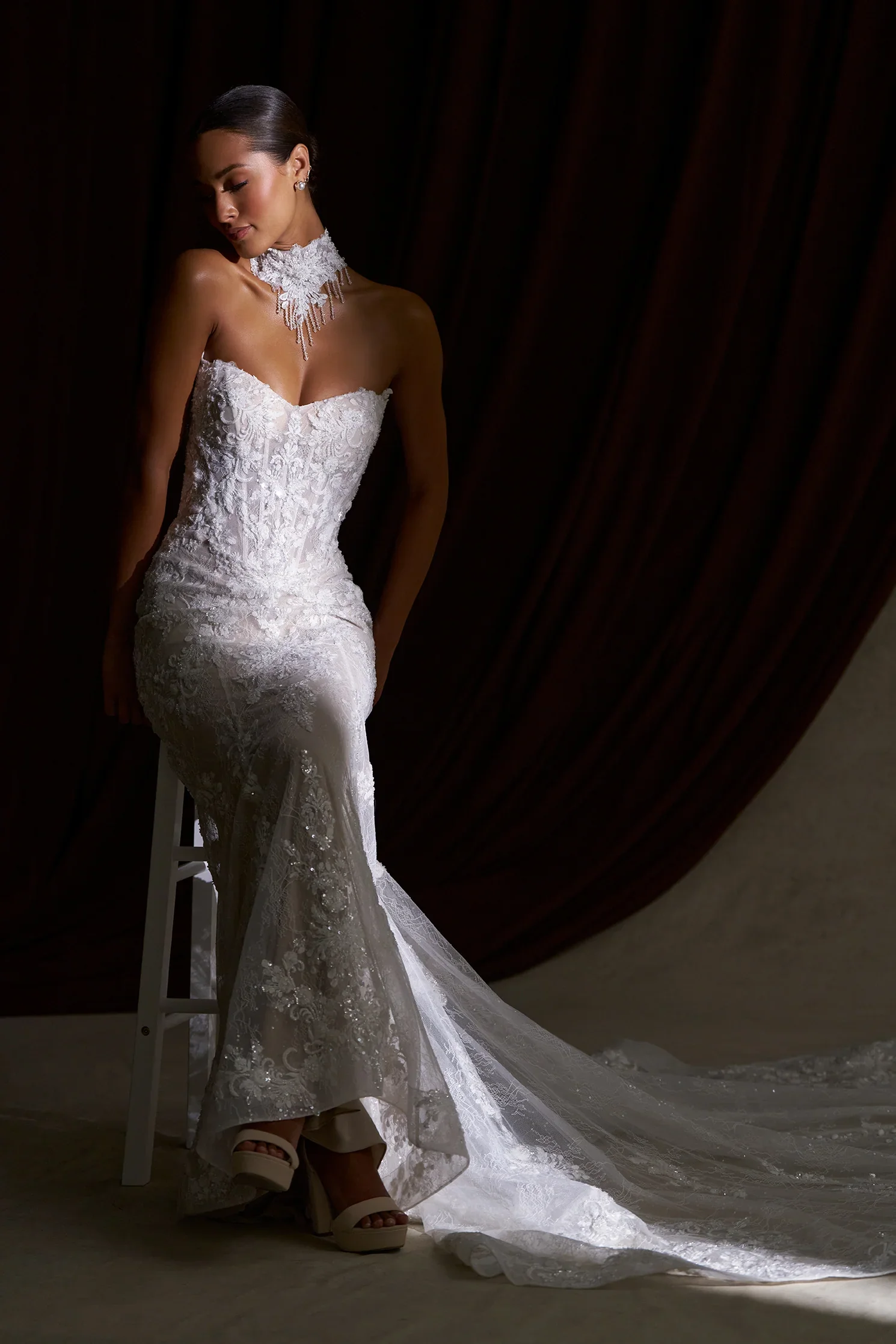 Fit & Flare Strapless Sweetheart Gown with Lace