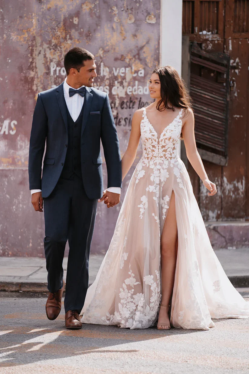 Romantic V Neck Aline Wedding Dress With Floral Lace Appliques and Flowing Tulle Train