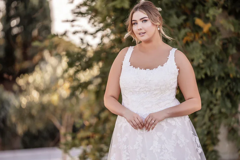 Lined Ball Gown Wedding Dress With Subtly Scooped Square Neckline, Floral Lace, Pearl Beading and Sequins