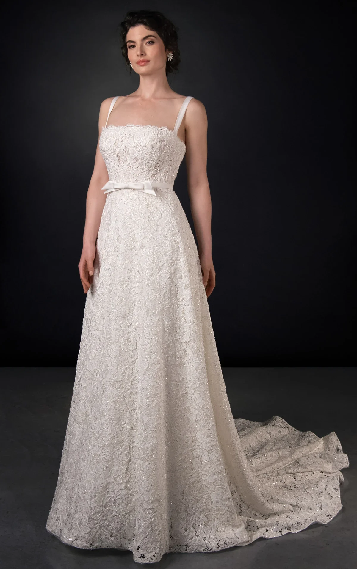 Martina Liana ML2073 lace A-line wedding dress with square neckline, delicate straps, sparkling lace, and bow waist detail at Bride To Be Couture Sacramento Front.webp