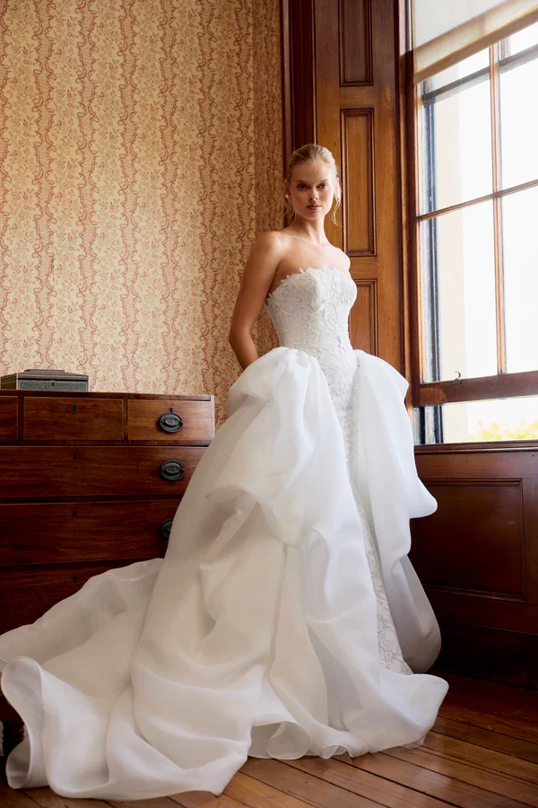 La Premiere Bridal Couture Esther Strapless Lace Fit & Flare Wedding Dress