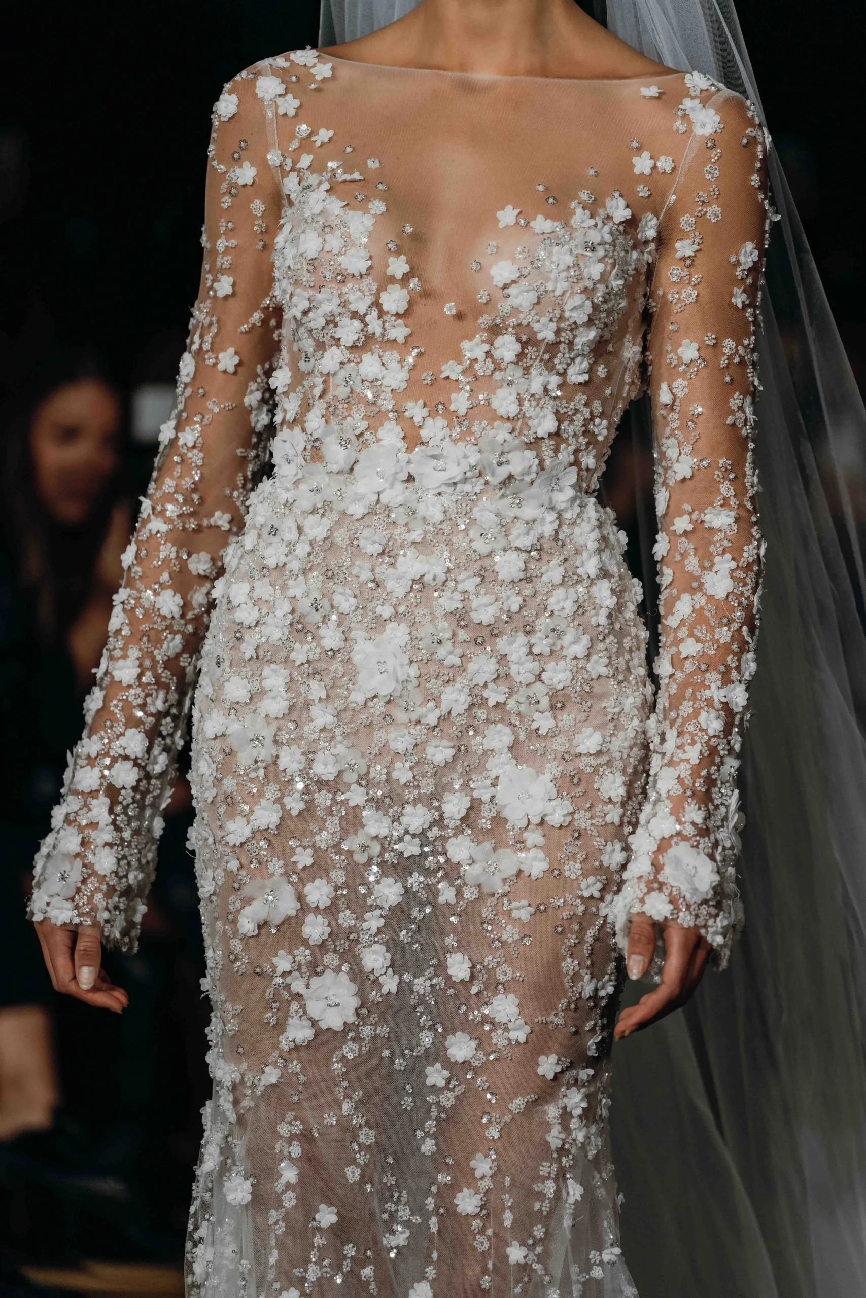 Sheer Floral Long Sleeve Couture Wedding Dress