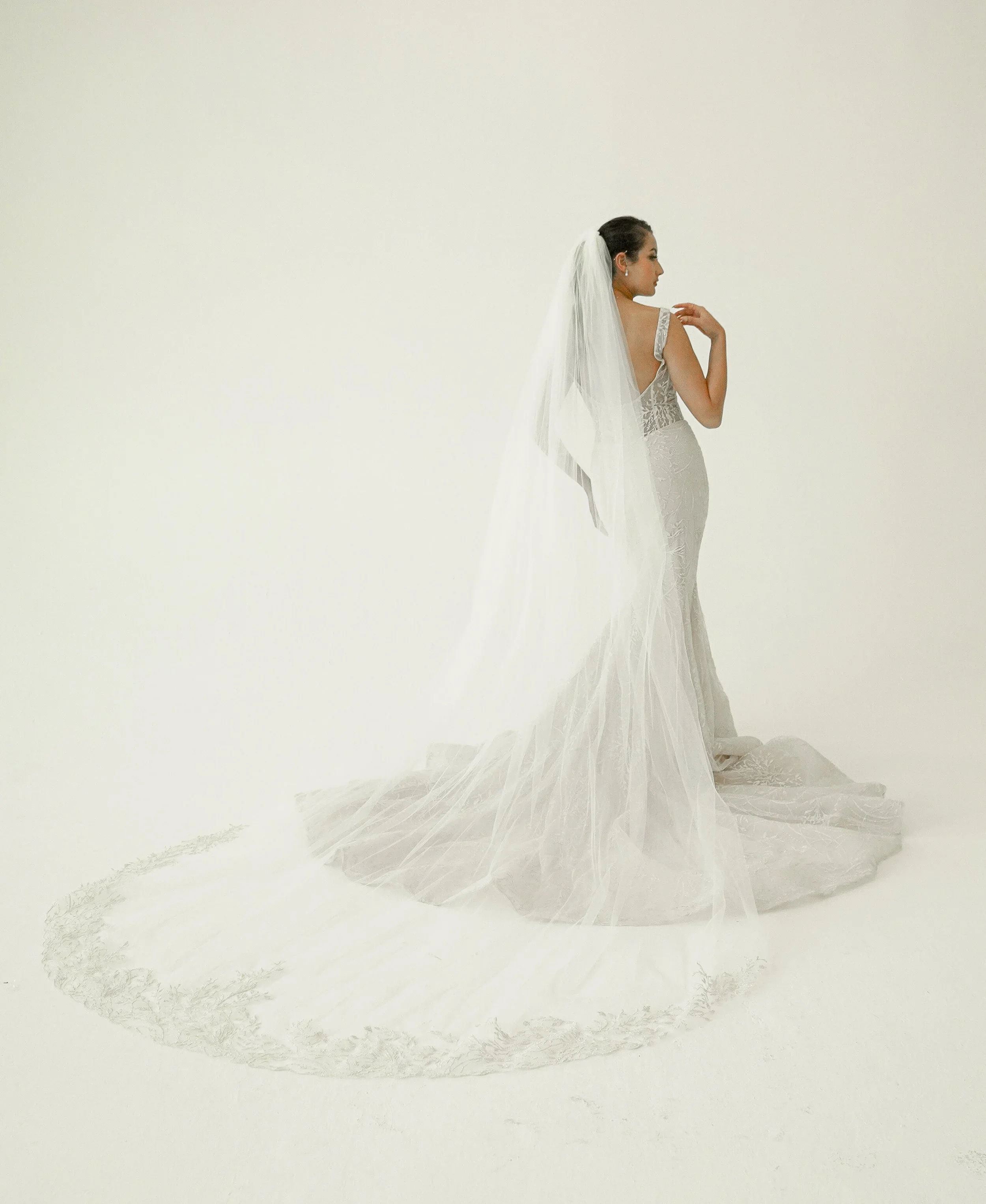 Elizabeth Lee Valentina romantic beaded lace mermaid wedding dress with tank straps, low scoop back, and long lace train.
