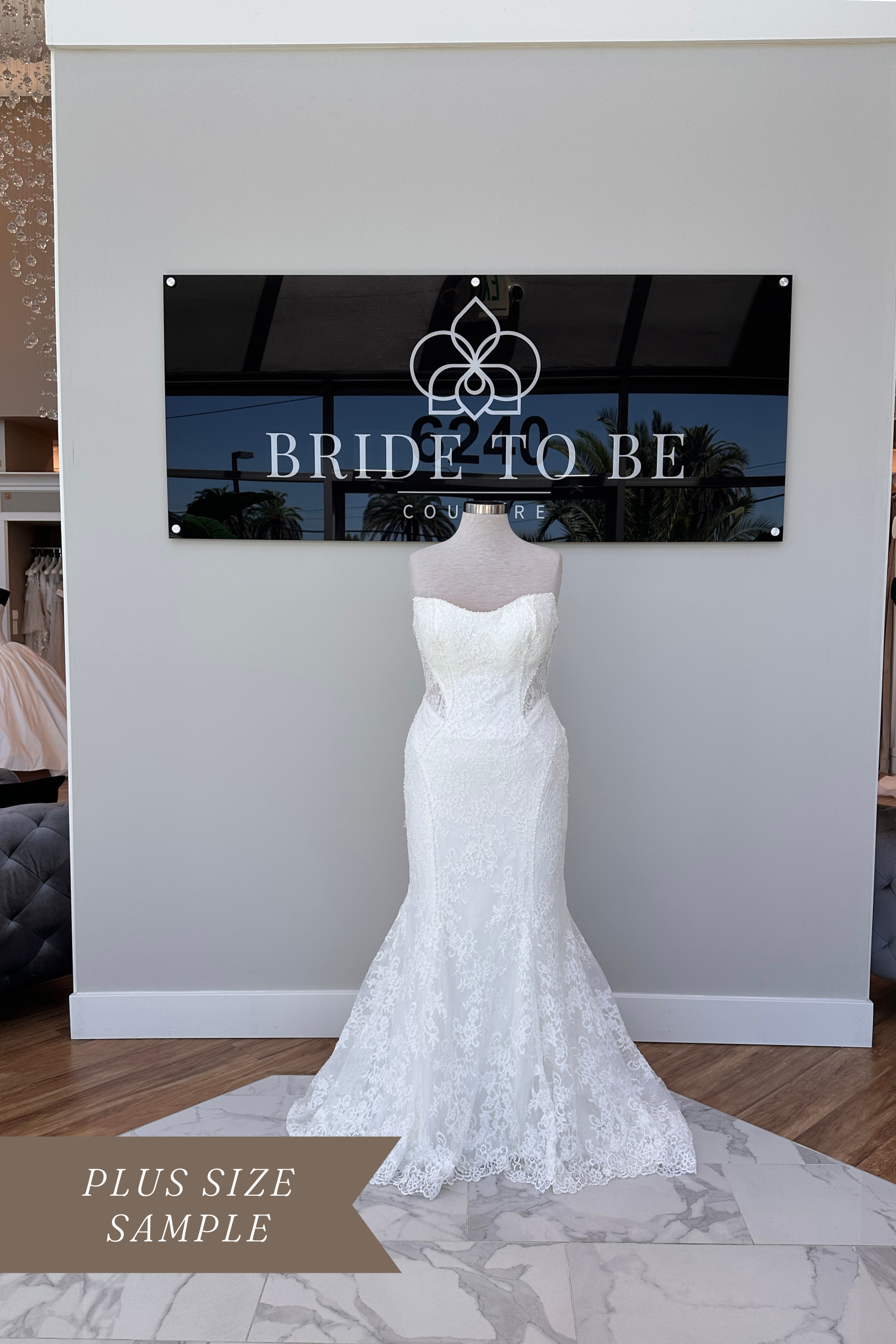 Bride wearing the Legacy Rosalind lace strapless fit-and-flare wedding dress at Bride To Be Couture Sacramento.