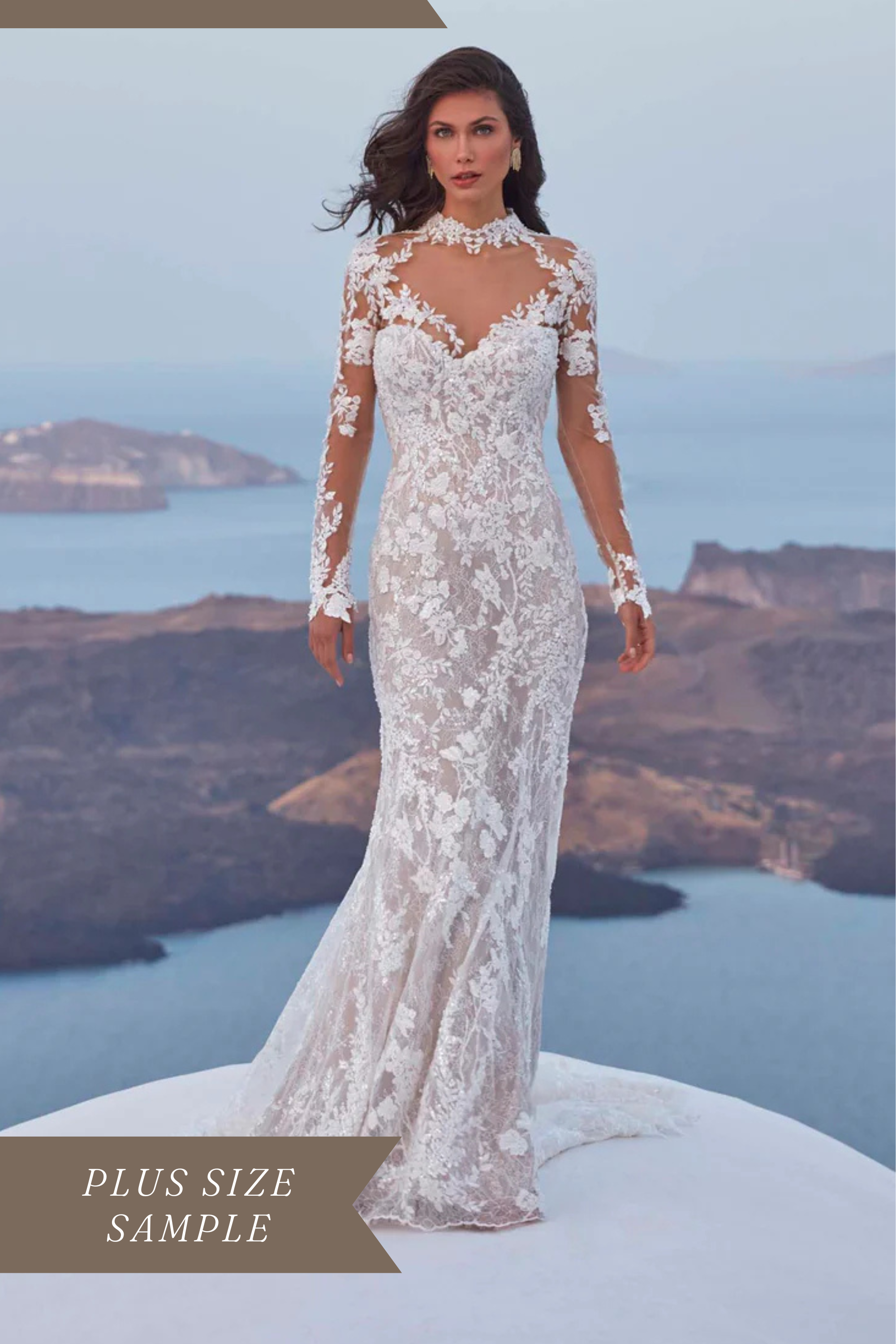Madison James Francesca beaded and sequined Chantilly lace strapless sheath wedding gown.