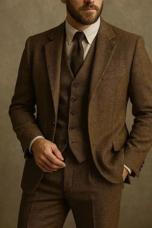 A man wearing a brown suit with a white dress shirt and a dark tie, with his left hand in his pocket and his right hand adjusting the suit, against a plain background.