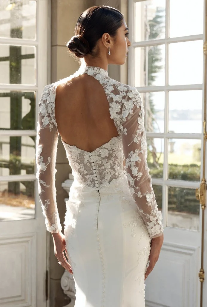 Shop Denver by Jeune at Bride To Be Couture in Sacramento, California. This fitted lace wedding dress features illusion long sleeves, floral appliqués, and a romantic sculpted silhouette.