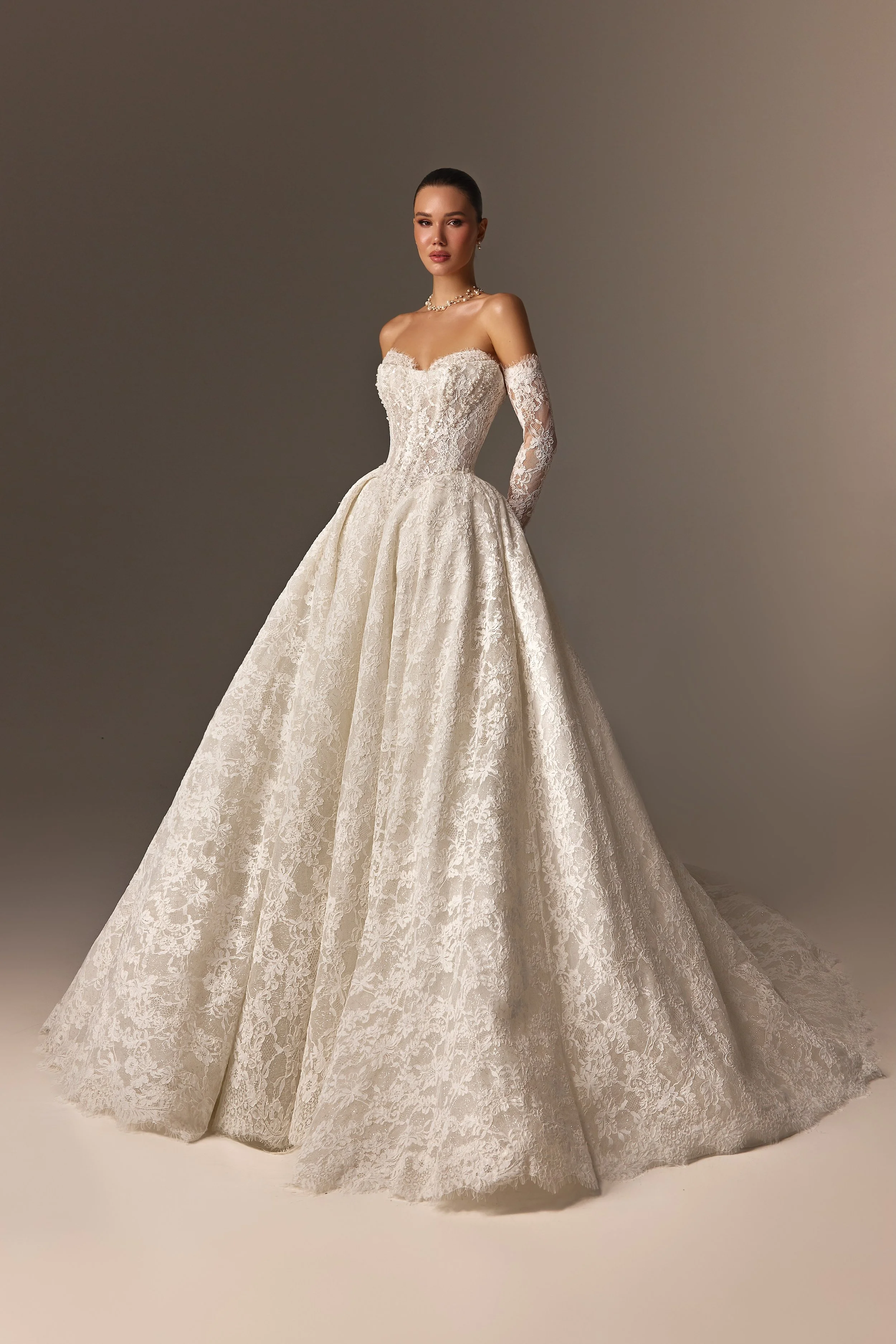 Oksana Mukha Isolde Off The Shoulder Lace Ballgown Wedding Dress With Long Sleeves