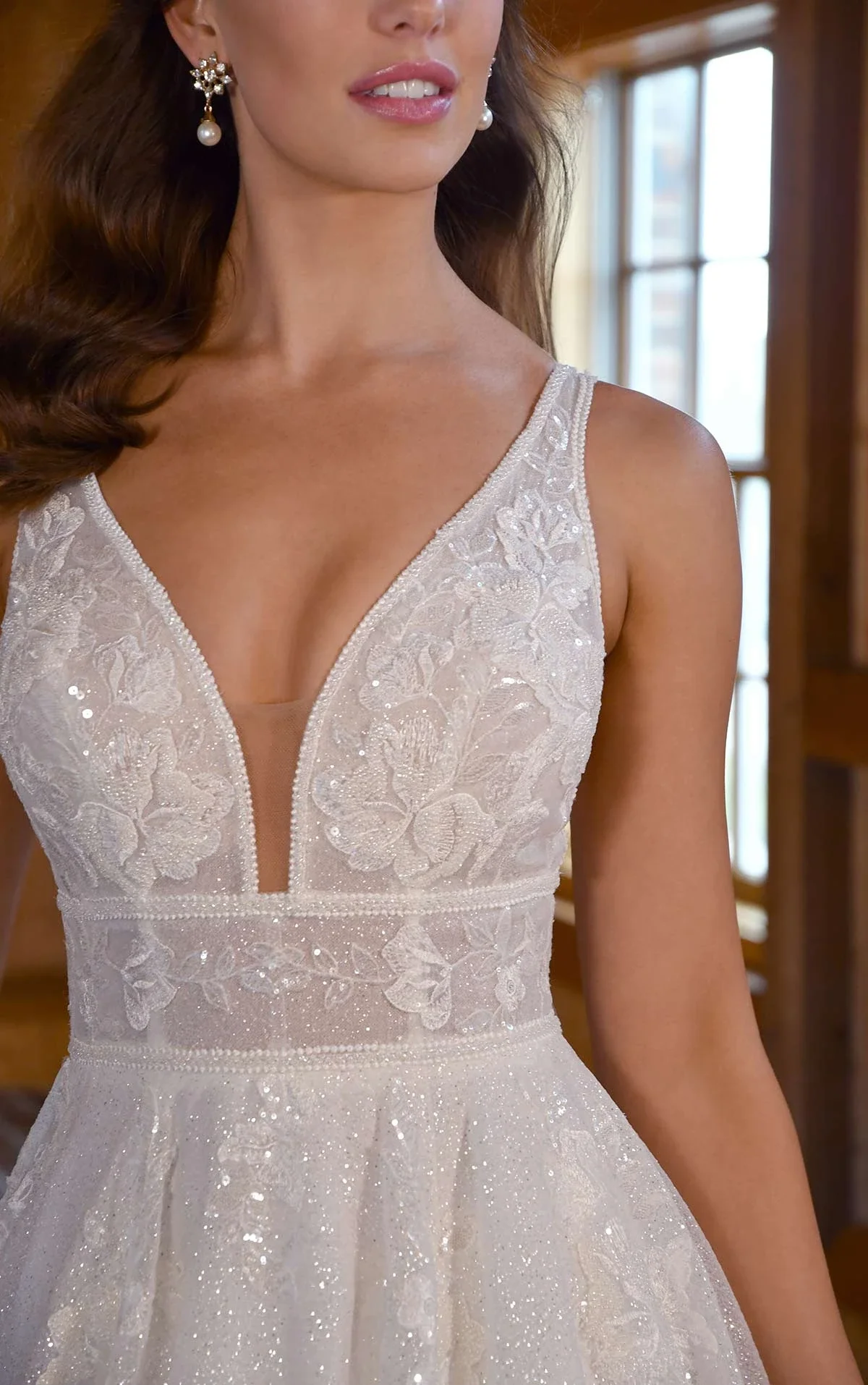 Sparkling Aline Wedding Dress with Plunging Neckline