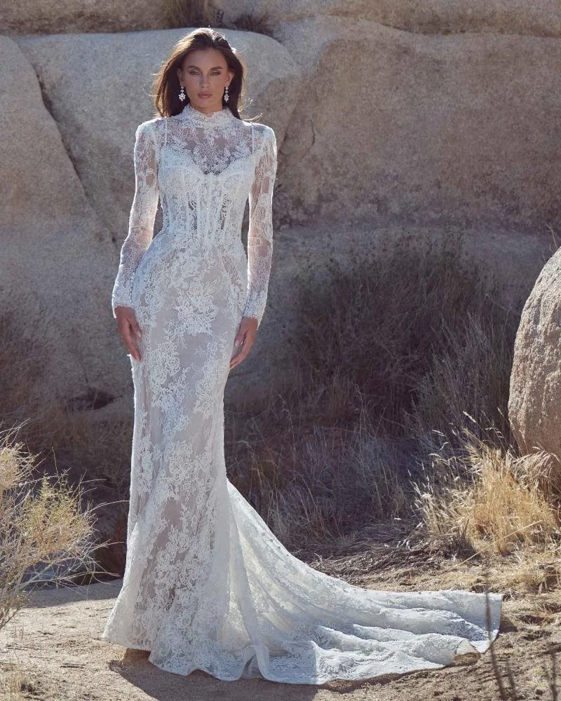 Sweetheart or High Neck Wedding Dress with Sleeves or Spaghetti Straps