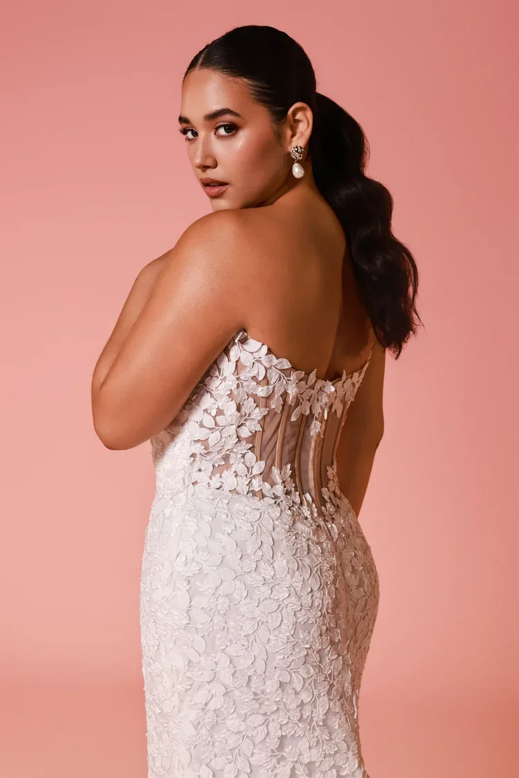 Dany Tabet Ravina Strapless Floral Fit & Flare Wedding Dress with Matching Veil