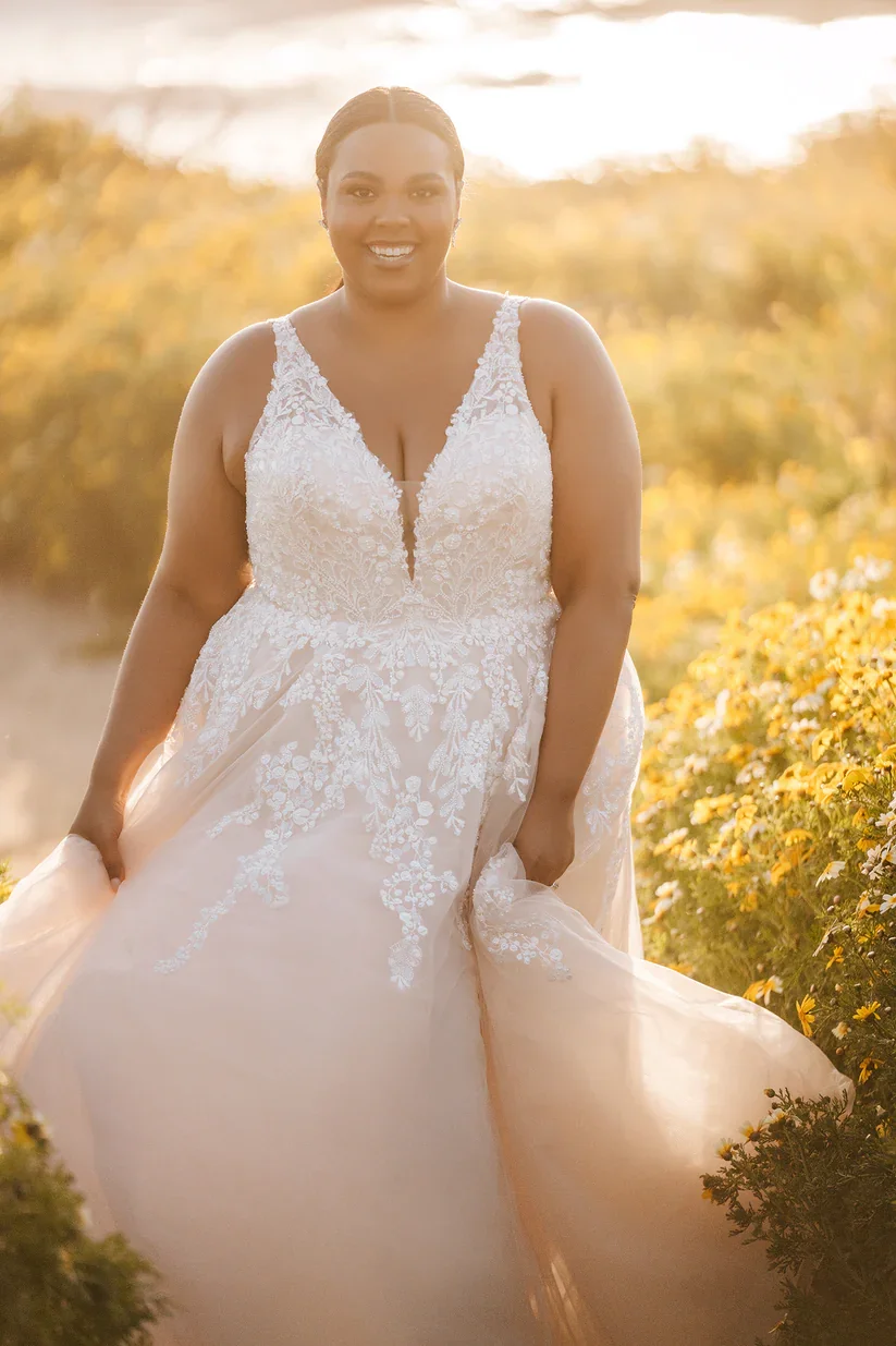 Lined Sleeveless V Neck Aline Wedding Dress With Sequin and Pearl Beaded Lace Appliques on the Bodice