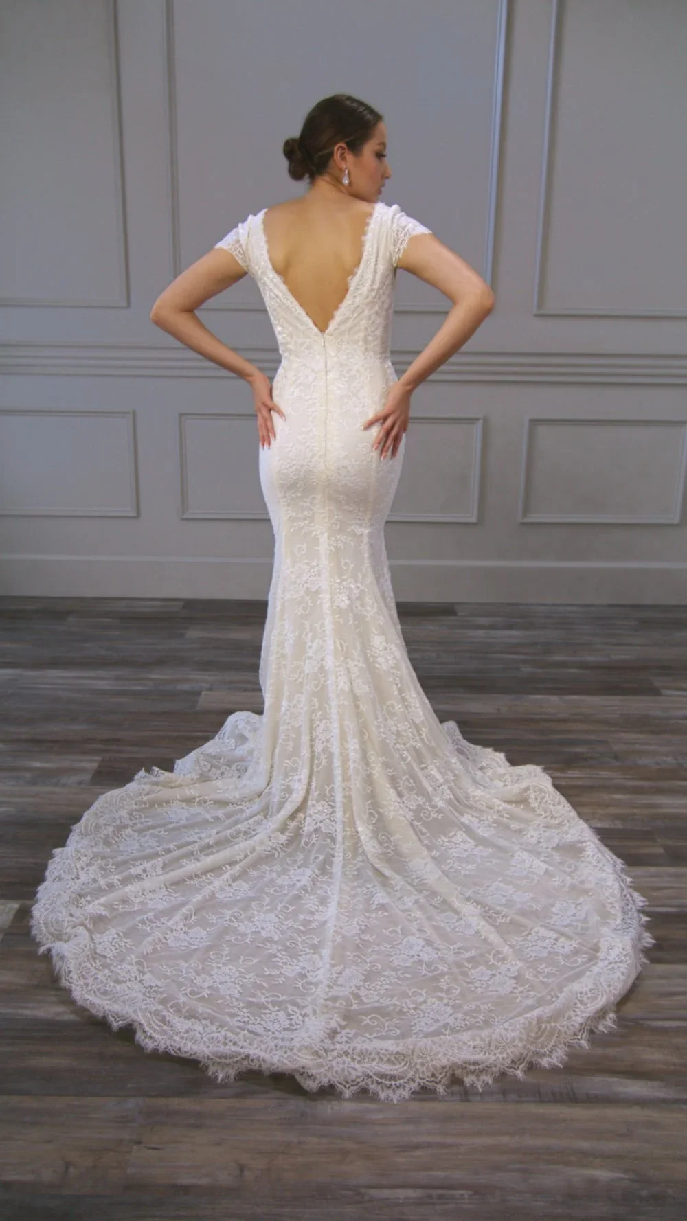 Elizabeth Lee Jules delicate fitted French lace wedding dress with cap sleeves and plunging neckline.