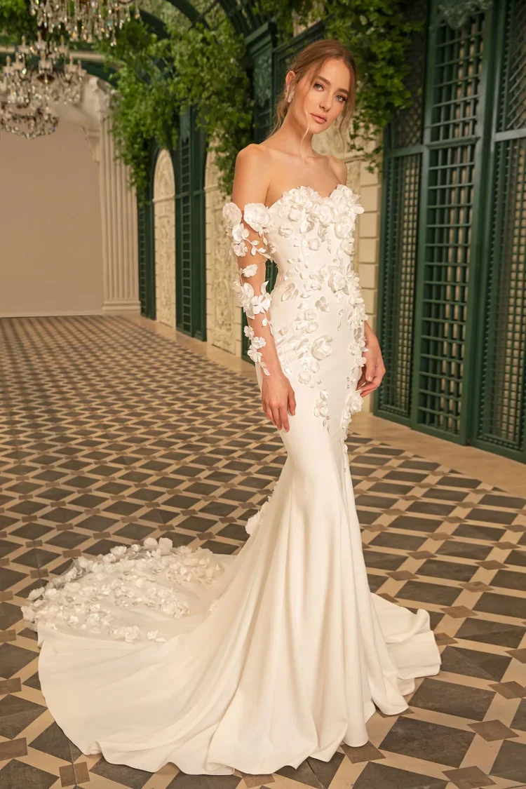 Dany Tabet Cassel DT0023W247 strapless satin mermaid wedding dress with sweetheart neckline, cascading 3D floral lace appliques, and matching floral cathedral veil.
