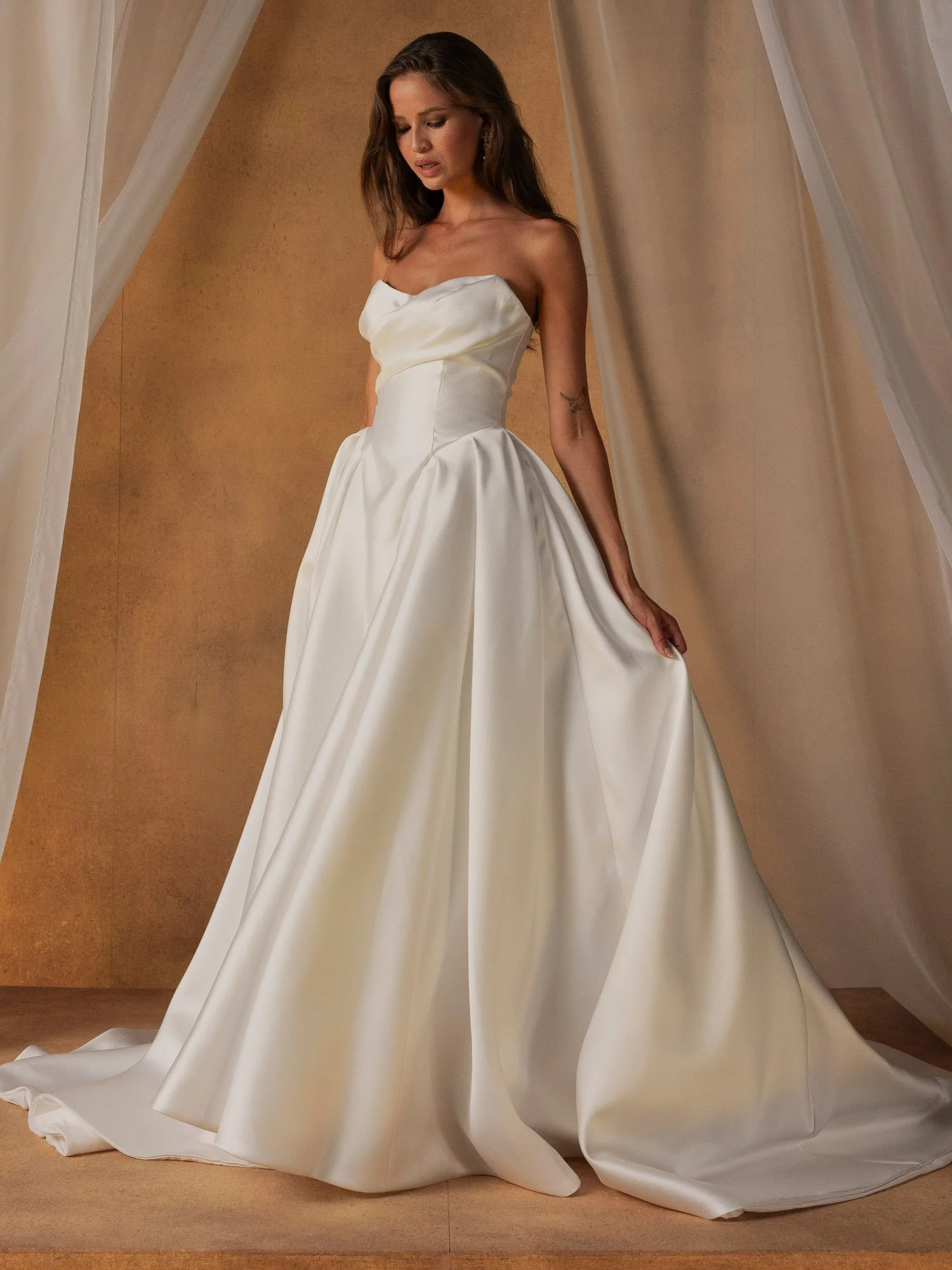Madi Lane Noon Romantic Mikado Aline Wedding Dress With Draped Bodice and Detachable Sleeves
