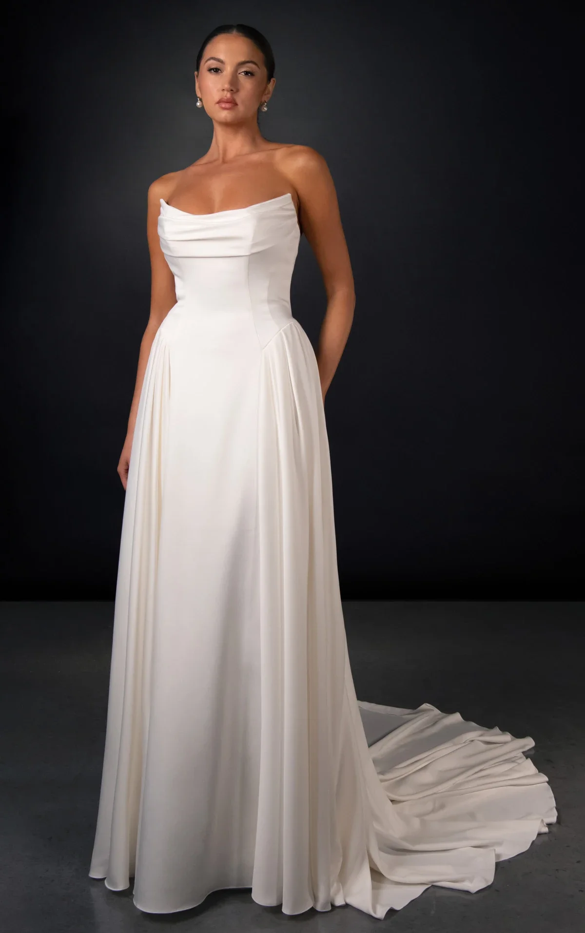 Martina Liana ML2066 satin A-line wedding dress with off-the-shoulder neckline, draped bodice, and detachable scarf at Bride To Be Couture Sacramento
