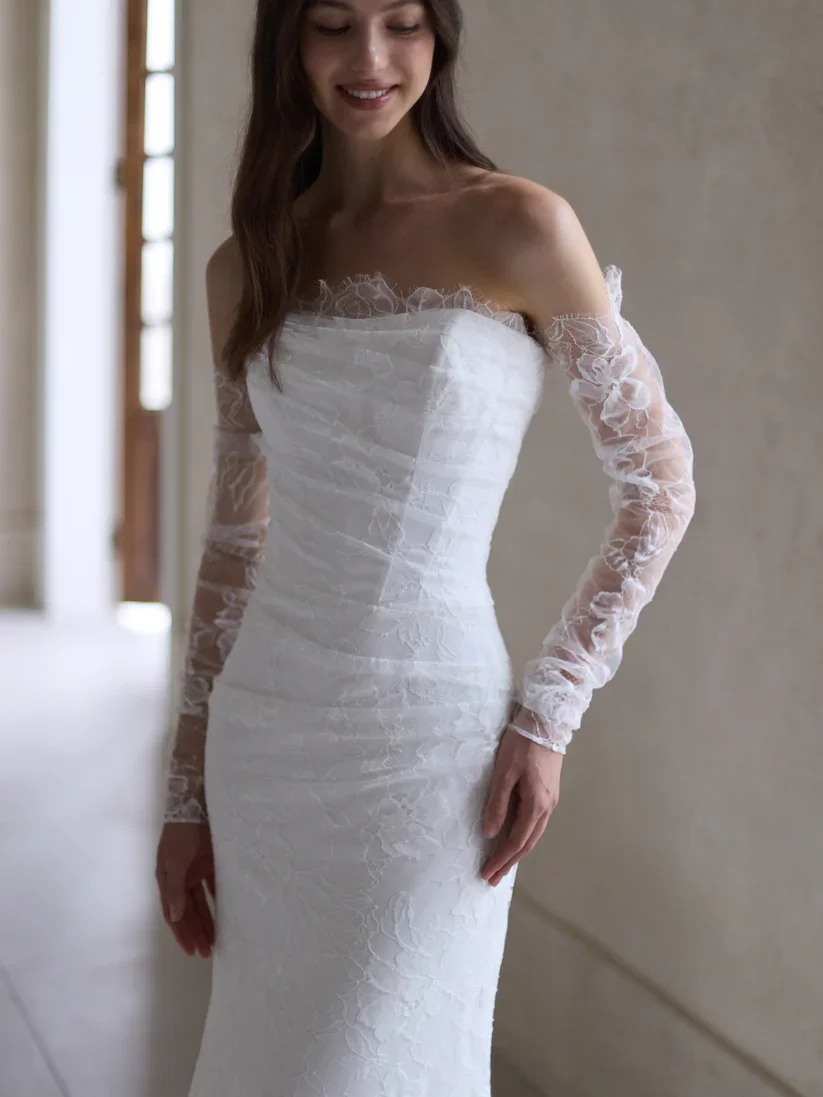 Off the Shoulder Lace Gown With Sheer Sleeves and Romantic Tulle Skirt