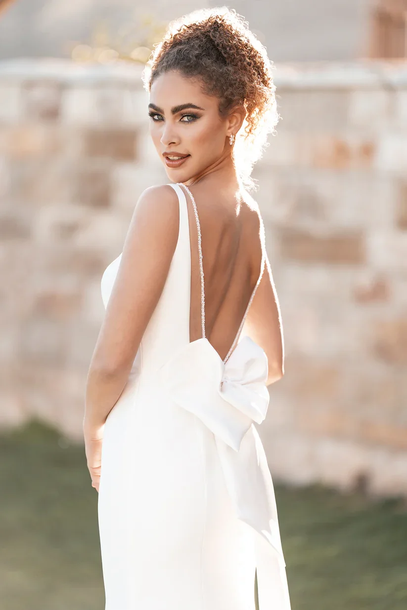 V Neck Fit and Flare Mikado Wedding Dress With Beaded Illusion V-Back