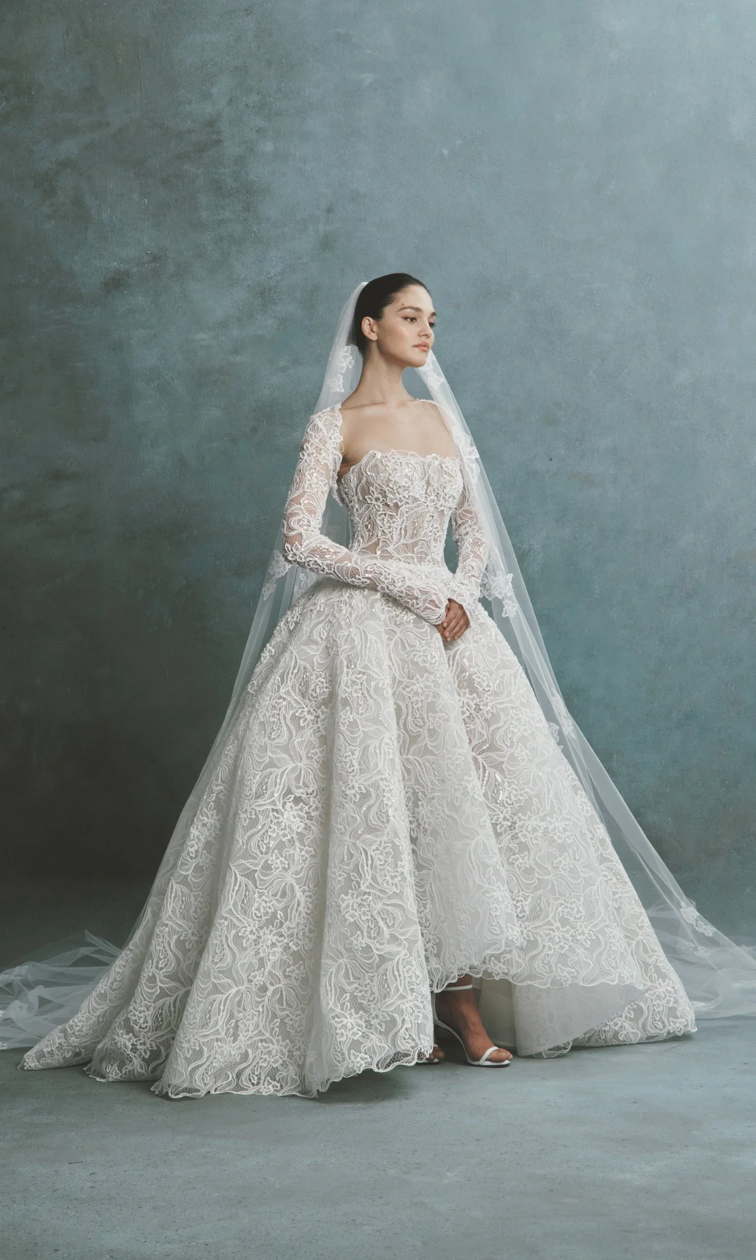 SenStudio SE143 square neckline ballgown floral lace dress with beautiful long train and lace on tulle.