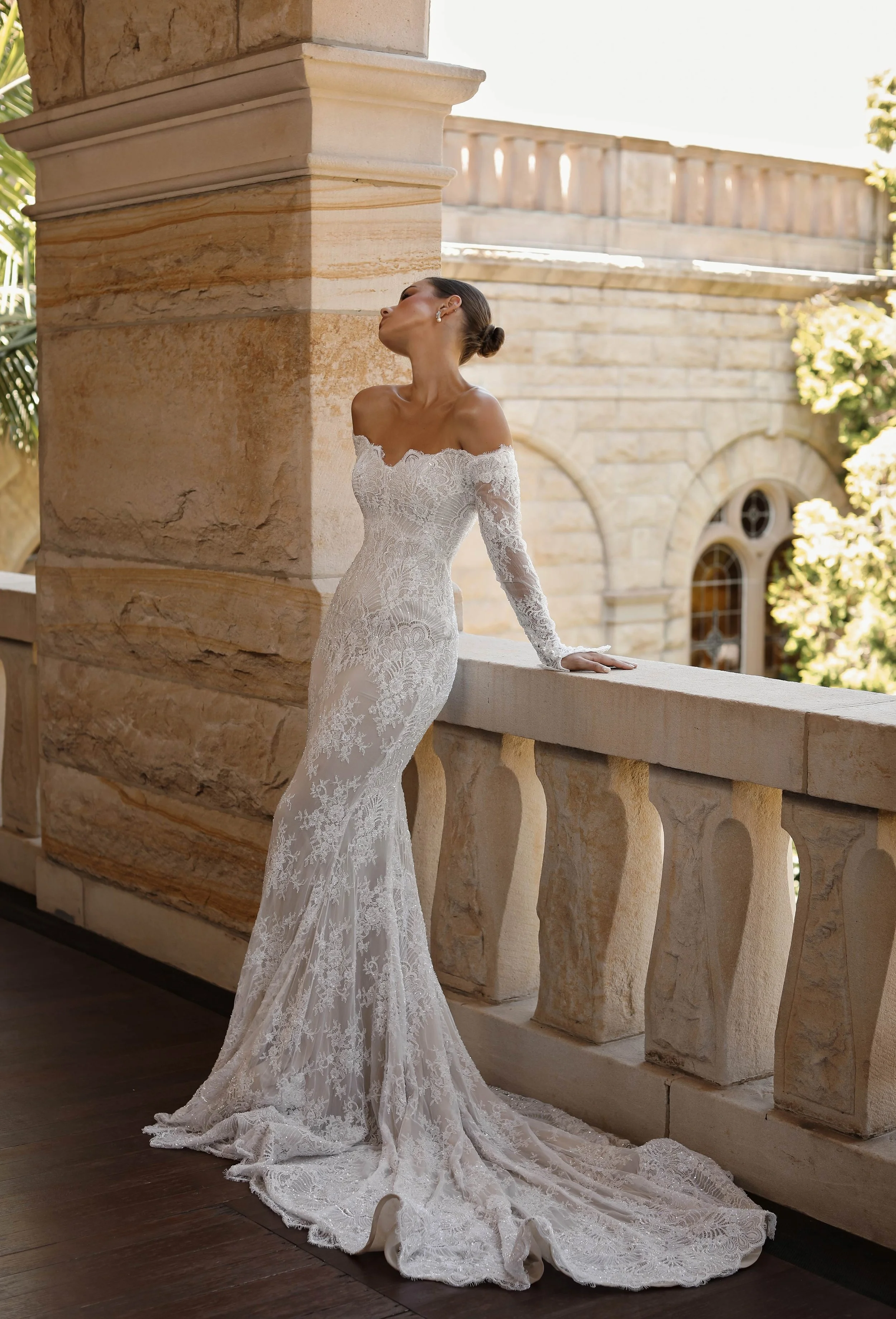 Off-The-Shoulder Lace Mermaid Gown With Long Sleeves, Elegant Embroidery and Dramatic Train