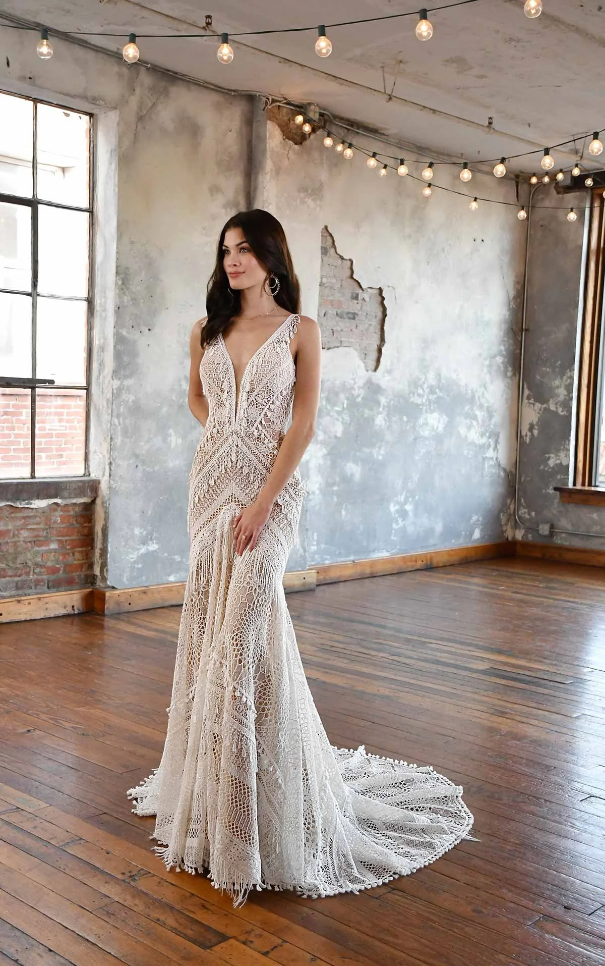 Vintage-Inspired Boho Lace Bridal Gown With Fringe and Tassels