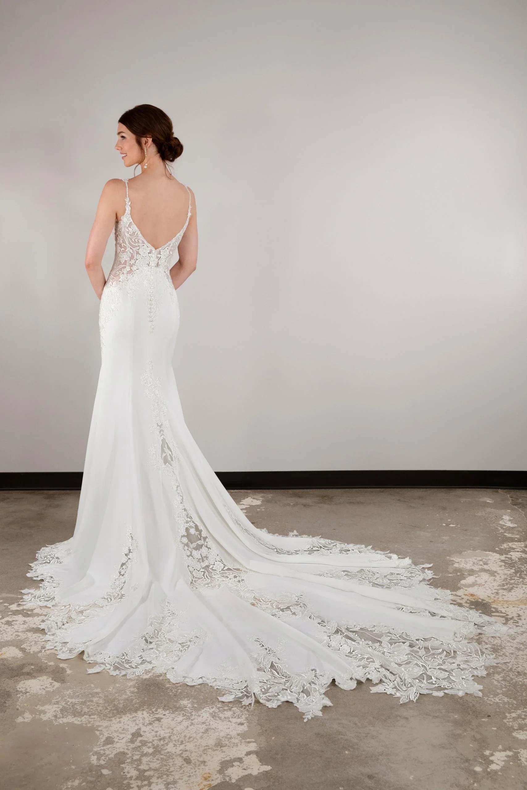 Elegant Lace Spaghetti Strap Fit and Flare Wedding Dress with Cutout Train