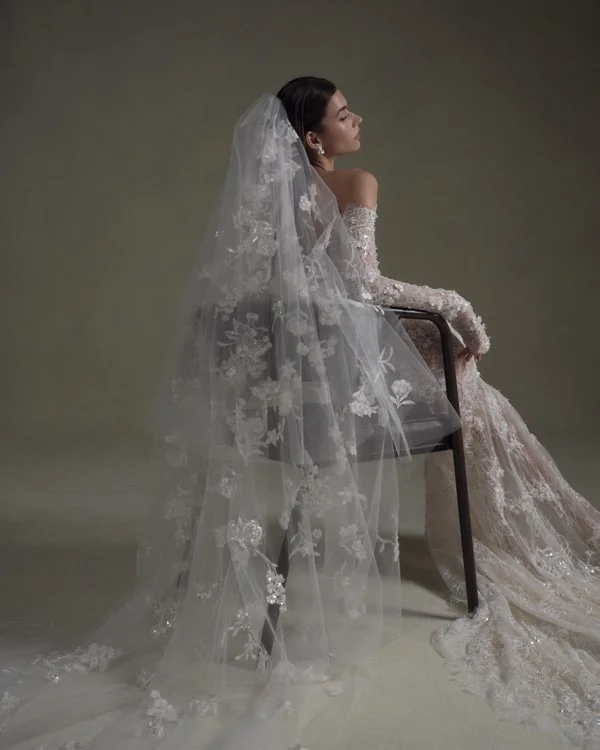 Sheer Lace Off the Shoulder Mermaid Gown With Couture Floral Detail