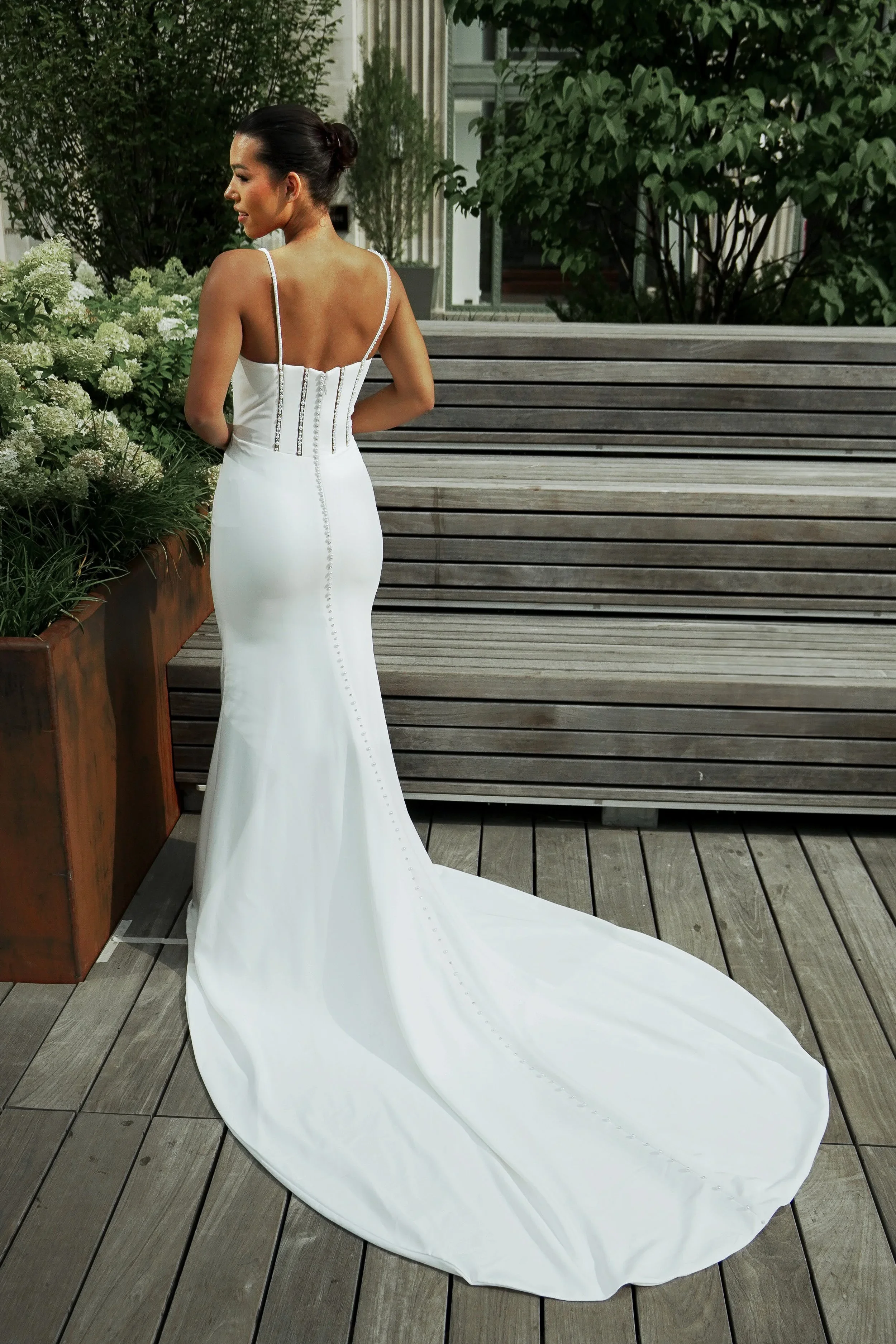 Elizabeth Lee Symphony stretch crepe fit-and-flare wedding dress with beaded straps and pearl and crystal embellished boning bodice.