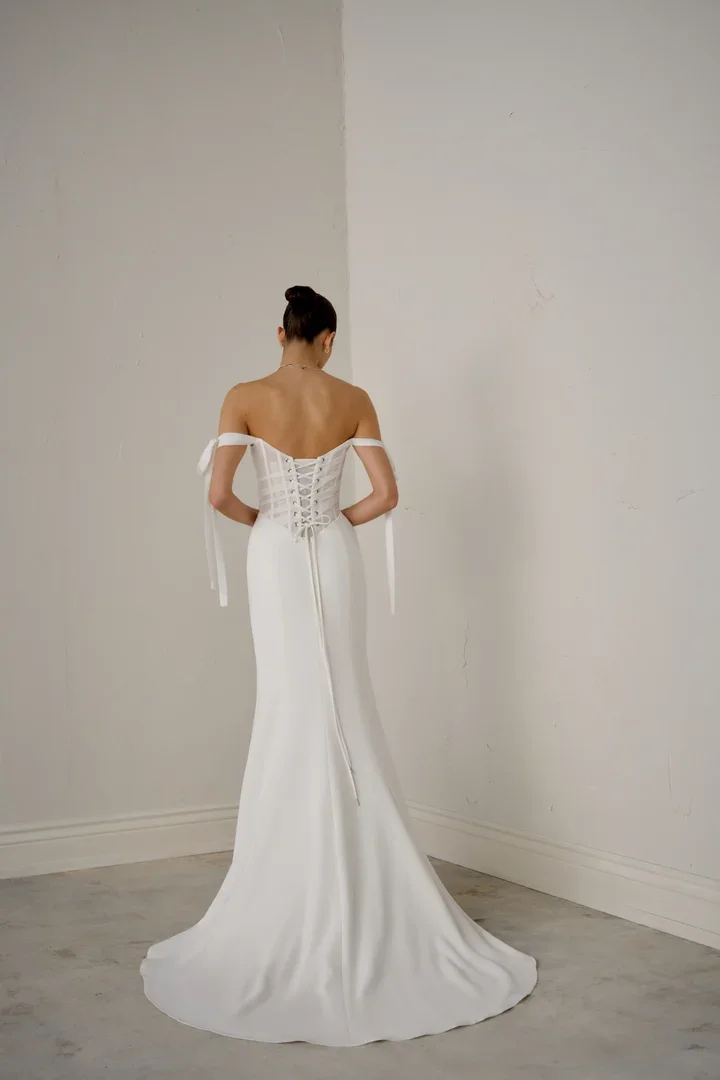 Crepe Fit and Flare Gown with Off the Shoulder Straps and Sheer Bodice